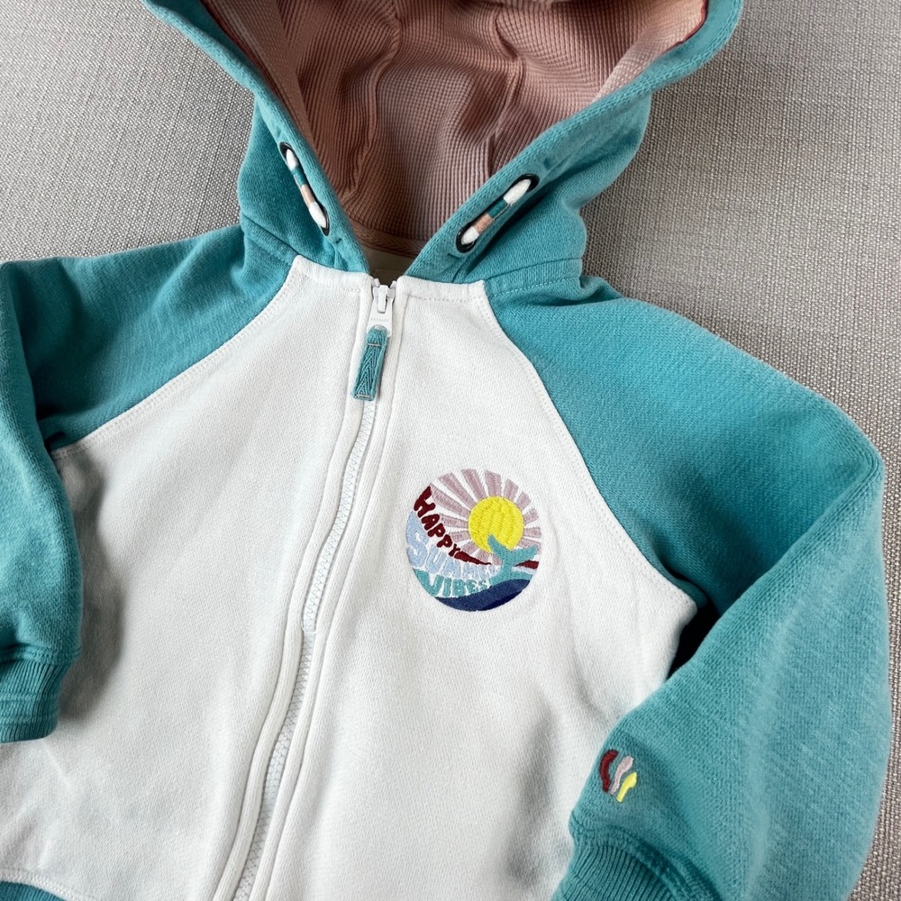 FatFace Zip Up Hoodie Kids 3/4 Teal White Happy Summer Vibes Graphic